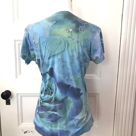 Yukiko Blue Abstract Floral Allover Graphic T Shirt - Picture 4 of 4